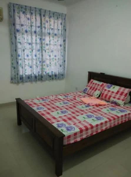 Bedroom features: queen-size bed with checkered bedding, wooden bed frame, floor-to-ceiling window, curtains with floral pattern, light-colored walls, tile flooring, decorative pillows, nightstand with lamp.