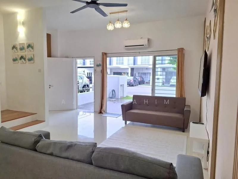 Living features: grey fabric sofa, white area rug, wall-mounted TV, ceiling fan with light, recessed downlights, floor-to-ceiling windows, sliding glass door, curtains, white painted walls, polished tile flooring, decorative wall art, air conditioning unit; style: modern; view: garden.