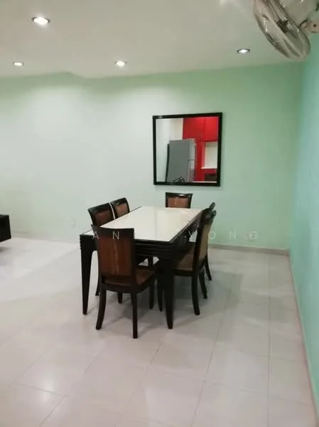 Dining features: white dining table, 4 wooden dining chairs, green painted walls, recessed ceiling lights, wall-mounted mirror, tile flooring, air conditioning unit, open layout; style: modern. Room features: grey kitchen cabinetry, stainless-steel fridge visible in background.