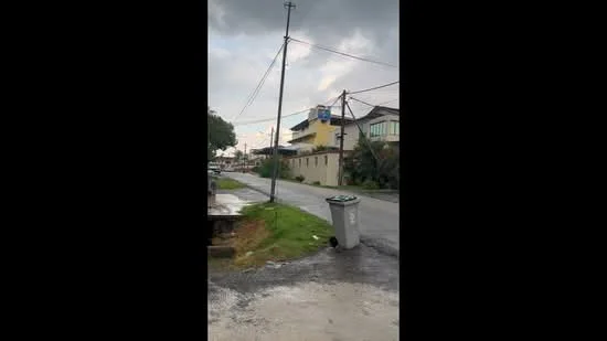 Exterior features: street view, overcast sky, paved road, utility poles, garbage bin, residential buildings in background.