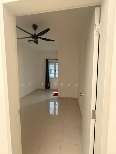 Room features: white painted walls, glossy tile flooring, 5-blade ceiling fan, window with sheer curtains, neutral colour scheme, door frame, light switch, baseboards; style: modern.