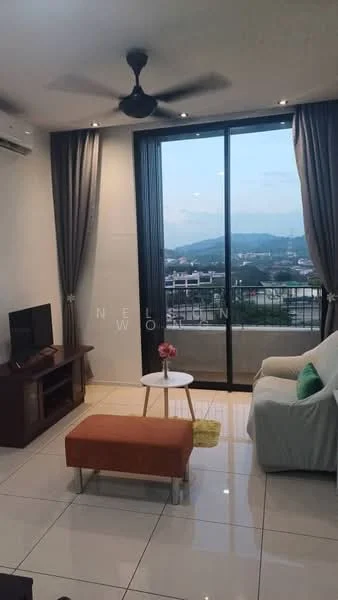 Living features: white painted walls, glossy tile flooring, 5-blade ceiling fan with light, floor-to-ceiling windows, sliding glass door, grey curtains, TV console, wall-mounted TV, orange ottoman, white armchair, round coffee table, decorative flower vase; style: modern; view: mountain.