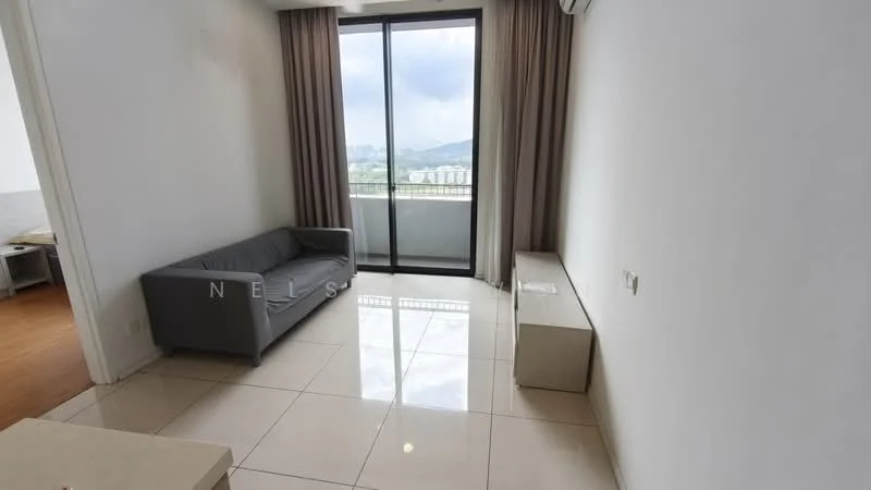 Living features: grey fabric sofa, white side table, large floor-to-ceiling windows, curtains, glossy tile flooring, air conditioning unit, neutral painted walls, view of the city skyline; style: modern; view: city.