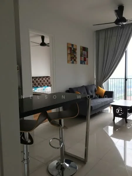 Living features: grey fabric sofa, yellow accent pillow, glass coffee table, 2-blade ceiling fan, floor-to-ceiling windows, curtains, wall-mounted artwork, glossy tile flooring; style: modern; view: city. Room features: brown upholstered headboard, bedside lamps, white painted walls, doorway leading to another room.