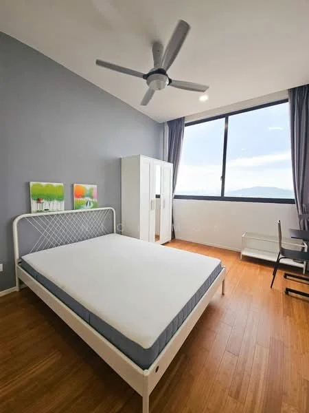 Bedroom features: queen-size bed frame, mattress without bedding, wooden flooring, grey painted walls, floor-to-ceiling window, curtains, 5-blade ceiling fan, white wardrobe, study desk, chair, decorative artwork on wall; style: modern; view: mountain.