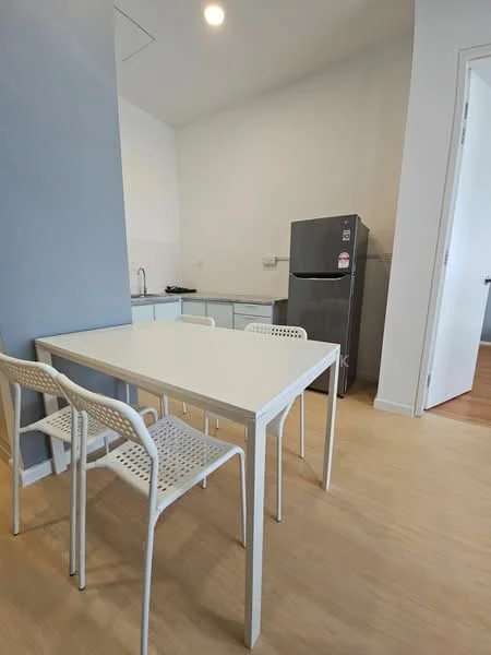 Dining features: white dining table, 4 white chairs with woven seats, light wood flooring, grey accent wall, stainless-steel fridge, white cabinetry, sink, countertop, recessed ceiling lights; style: modern.