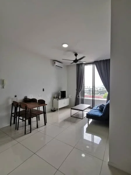 Living features: white painted walls, glossy tile flooring, 5-blade ceiling fan with light, floor-to-ceiling windows, grey curtains, blue fabric sofa, wooden coffee table, black TV console, wall-mounted TV, dining table with two chairs, air conditioning unit; style: modern; view: city.