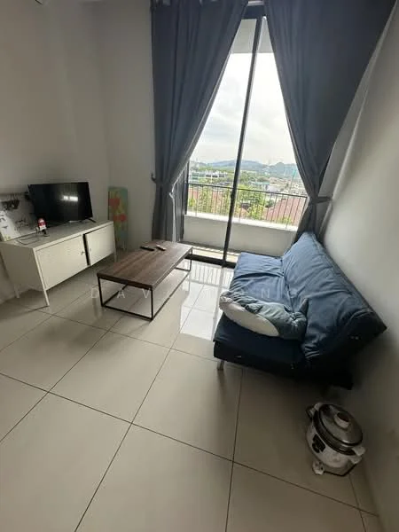 Living features: grey fabric sofa, wood coffee table, TV console, floor-to-ceiling windows, curtains, ceramic tile flooring, city view, decorative cushions, rice cooker; style: modern; view: city.