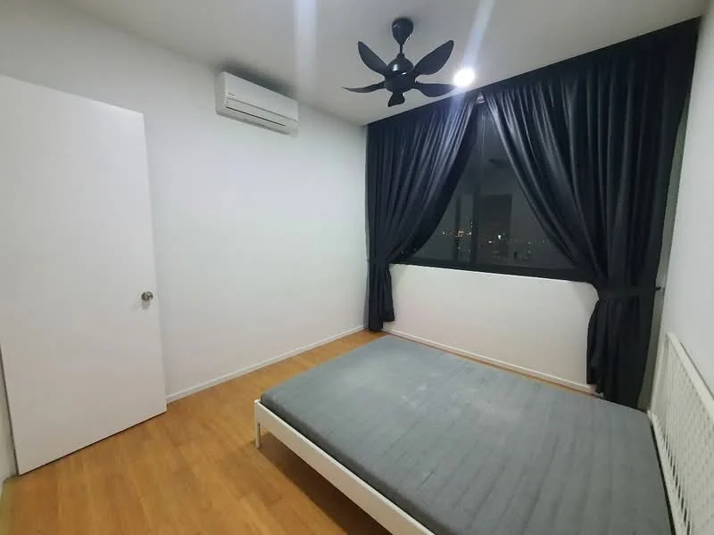 Bedroom features: wooden flooring, white painted walls, blackout curtains, floor-to-ceiling window, 1 wall-mounted split AC, ceiling fan with 5 blades, empty bed frame, decorative wall panel; style: modern; view: city.