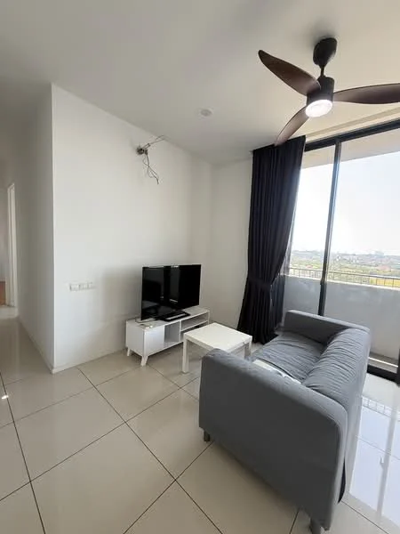 Living features: grey fabric sofa, white coffee table, 2 black flat-screen TVs, white TV console, floor-to-ceiling windows, black curtains, glossy tile flooring, ceiling fan with light, white painted walls; style: modern; view: city.