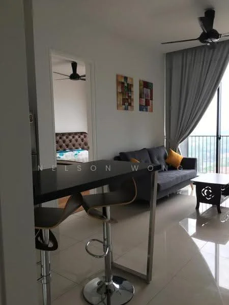 Living features: grey fabric sofa, yellow accent pillow, glass coffee table, 2-blade ceiling fan, floor-to-ceiling windows, curtains, wall art with colorful patterns, polished tile flooring; style: modern; view: city. Room features: white painted walls, doorway leading to another room.