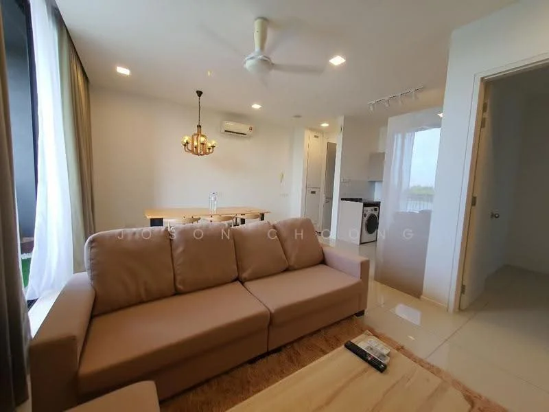 Living features: 3-seater fabric sofa in beige, coffee table, chandelier, ceiling fan, wall-mounted air conditioning unit, floor-to-ceiling windows, light-colored walls, glossy tile flooring, dining table with chairs, open layout to kitchen, decorative rug; style: modern; view: city.