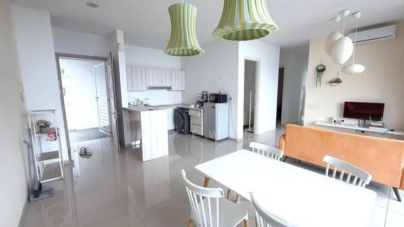Living features: white painted walls, glossy tile flooring, 5-blade ceiling fan with light, sofa in orange fabric, coffee table, wall-mounted TV, TV console, dining table with 4 white chairs, refrigerator, built-in kitchen cabinets, stainless-steel sink, microwave, kitchen countertop, window with sheer curtains; style: modern. Kitchen features: white cabinetry, stainless-steel appliances, kitchen island, ceramic tile backsplash; style: modern.