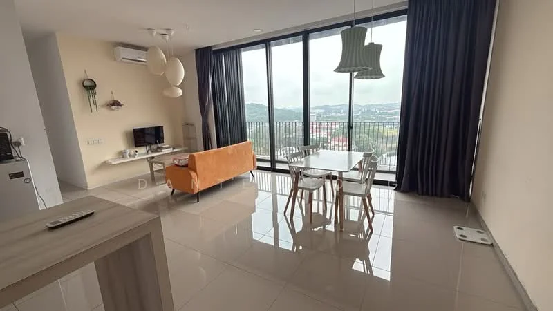 Living features: floor-to-ceiling windows, grey curtains, orange fabric sofa, wooden dining table, 4 wooden dining chairs, TV console, wall-mounted TV, air conditioning unit, recessed downlights, tile flooring, decorative wall clock, open-plan layout; style: modern; view: city.