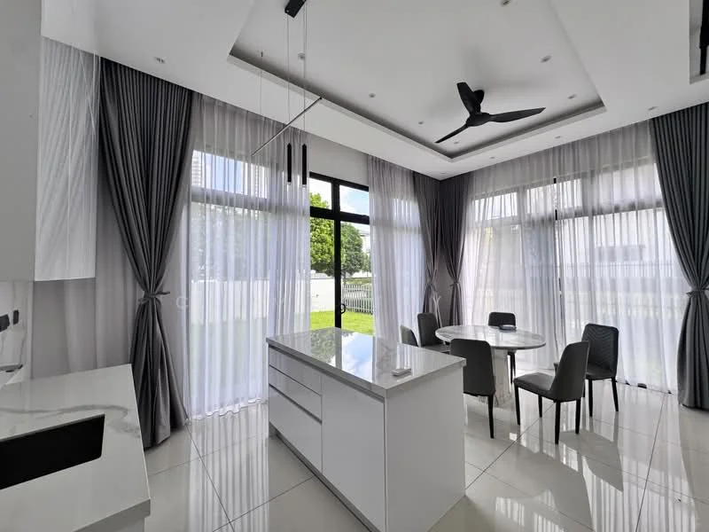 Dining features: white cabinetry, marble countertop, round dining table, upholstered dining chairs, 5-blade ceiling fan with integrated LED light, floor-to-ceiling windows, sheer curtains, grey drapes, glossy tile flooring, recessed downlights, tray ceiling; style: modern; view: garden.
