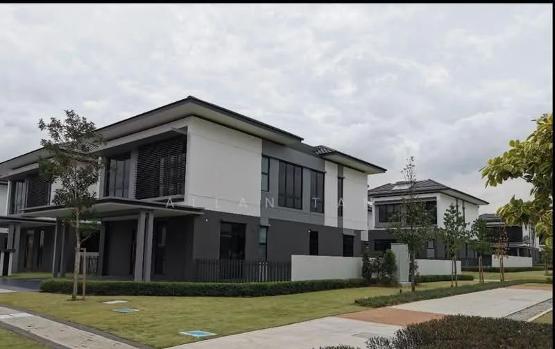 Exterior type: linked terrace house; features: two-storey building, white painted facade, grey accent walls, flat roof, manicured lawn, landscaped garden, driveway with interlocking pavers, surrounded by greenery, multiple windows, balconies on upper floor, modern architectural design; style: modern.