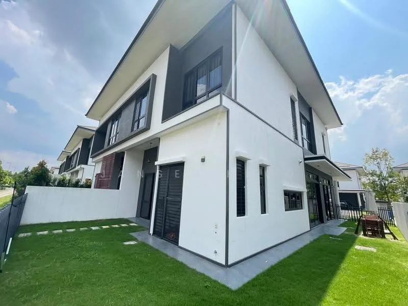 Exterior type: detached bungalow; features: white painted facade, black accent panels, flat roof, manicured lawn, stone-paved walkway, large windows, outdoor dining area, fenced yard; style: modern.