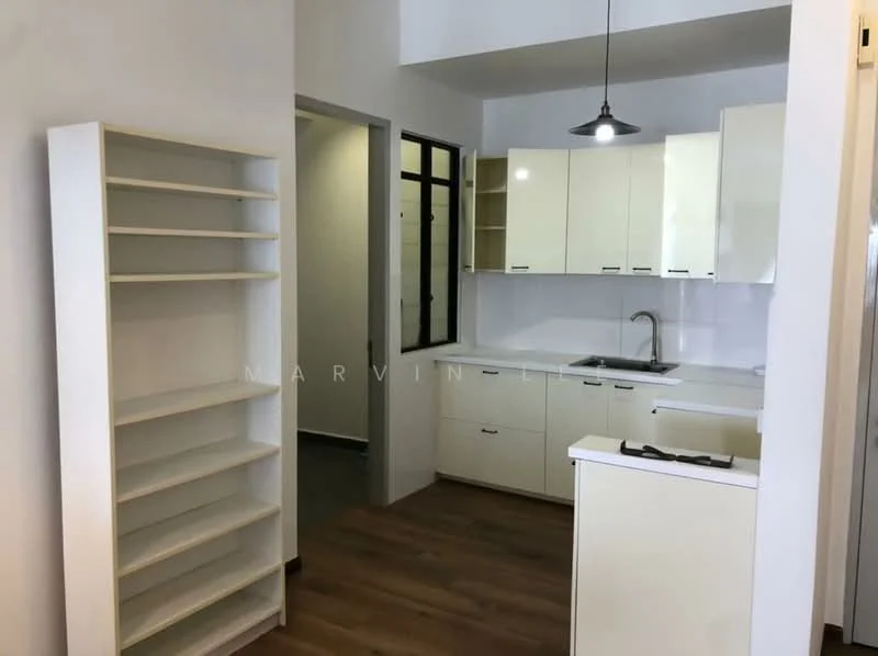 Kitchen features: white cabinetry, stainless-steel sink, chrome pull-down faucet, white countertop, open shelving, pendant light, wood laminate flooring, wall-mounted cabinets, built-in oven, cooktop, backsplash with white tiles; style: modern.
