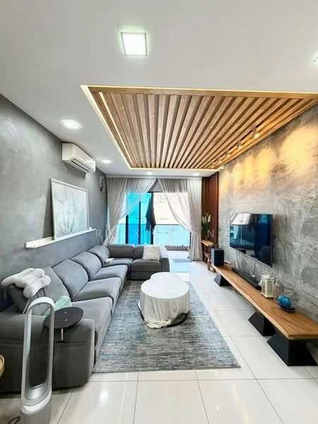 Living features: grey fabric L-shape sectional sofa, round white coffee table, area rug with geometric pattern, wall-mounted TV, wooden TV console, recessed downlights, wood slat ceiling, floor-to-ceiling windows, sheer curtains, air conditioning unit, decorative wall art, decorative plant; style: modern; view: city.