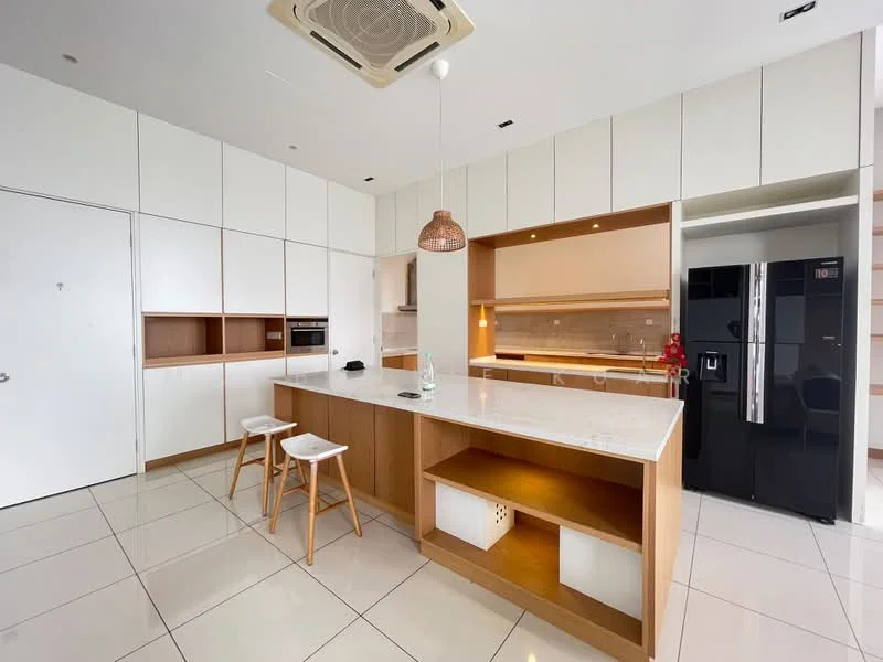 Kitchen features: white cabinetry with wood accents, marble countertop, stainless-steel fridge, built-in oven, ceramic tile flooring, recessed downlights, pendant light above island, open shelving, kitchen island with seating for two, backlit backsplash, integrated sink; style: modern.