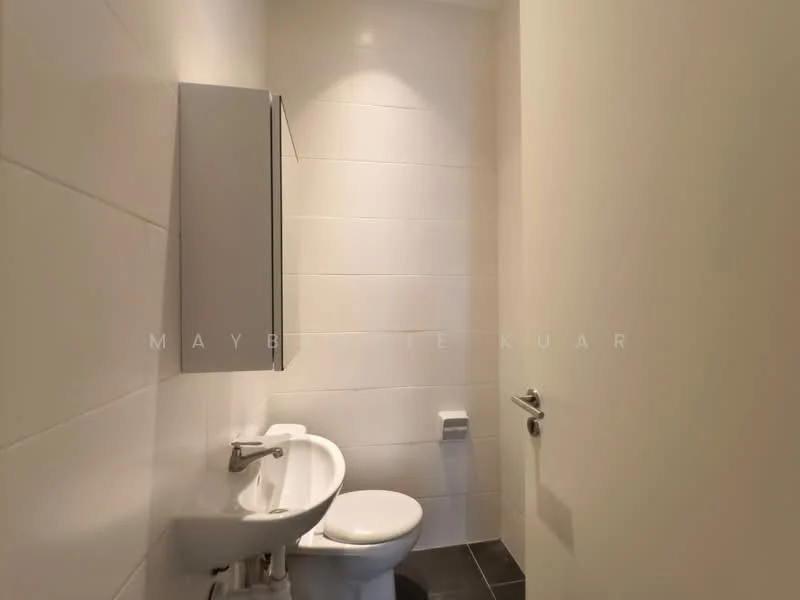 Bathroom features: white tiled walls, black tile flooring, one-piece toilet, chrome basin mixer faucet, mirror cabinet, toilet paper holder, light fixture, wall-mounted sink; style: modern.
