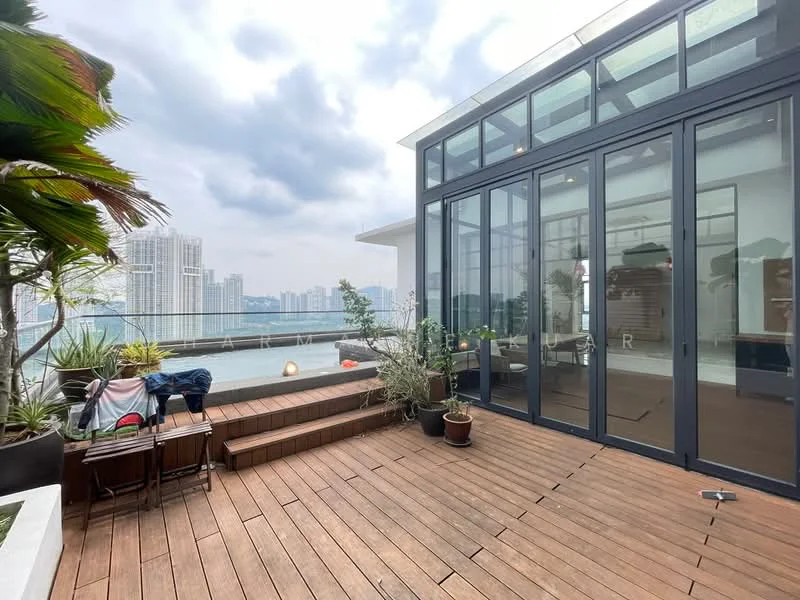 Room features: wooden decking, glass sliding doors, potted plants, outdoor seating area, city skyline view, partially covered terrace, railings, open space; style: modern; view: city.