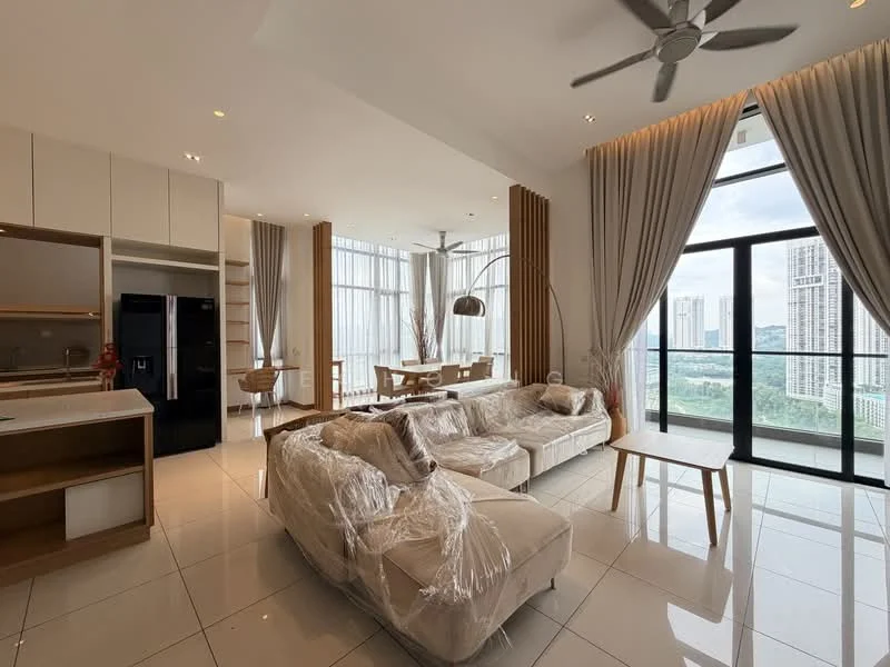 Living features: 3-seater fabric sofa in beige, 2-seater fabric sofa in beige, coffee table, floor-to-ceiling windows, city view, recessed downlights, ceiling fan, white painted walls, glossy tile flooring, decorative wall panels, curtains, open layout to dining area; style: modern; view: city. Dining features: 6-seater dining table, wooden dining chairs, pendant light, open layout to living area, floor-to-ceiling windows, city view; style: modern; view: city. Kitchen features: kitchen island, stainless-steel fridge, built-in cabinets, white cabinetry, open layout to living area; style: modern.