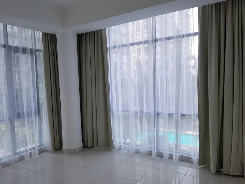 Room features: floor-to-ceiling windows, sheer curtains, light-coloured curtains, white walls, tile flooring, natural light, view of outdoor space, neutral colour palette; style: modern; view: pool.