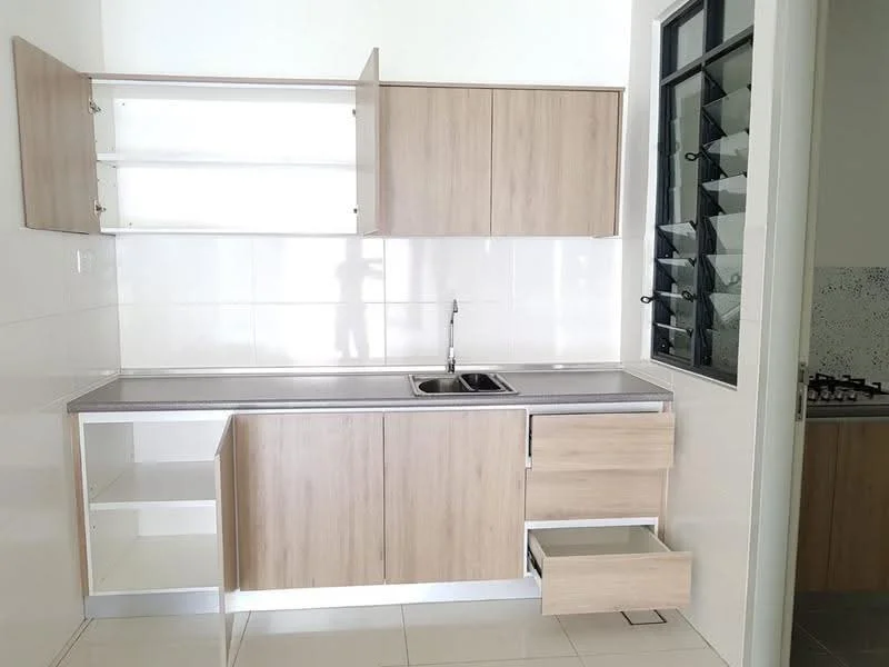 Kitchen features: light wood cabinetry, stainless-steel countertop, single-bowl stainless-steel sink, chrome pull-down faucet, gas hob, open shelving, drawer storage, white tiled backsplash, floor-to-ceiling window, white tiled flooring; style: modern.
