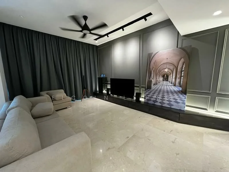 Living features: 5-blade ceiling fan with light, grey fabric sofa, marble flooring, dark grey curtains, wall-mounted TV, decorative wall with paneling, large artwork on display, LED lighting on shelf; style: modern.