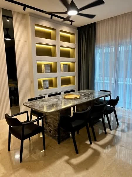 Dining features: marble dining table, black dining chairs, recessed lighting, built-in shelving with backlighting, floor-to-ceiling windows, curtains, polished stone flooring, ceiling fan with light; style: modern.