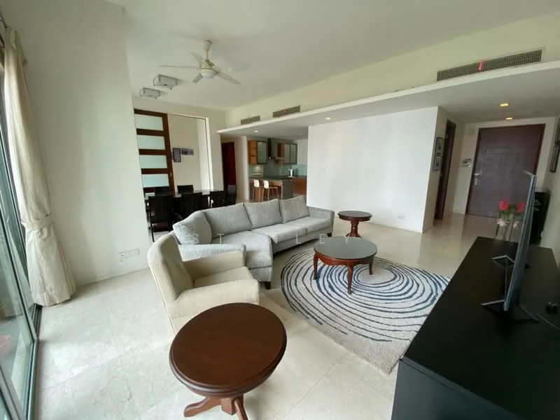 Living features: 3-seater fabric sofa in light grey, 2-seater armchair in beige, round wooden coffee table, small round side table, area rug with spiral pattern, wall-mounted TV, ceiling fan with light, large glass sliding doors, marble flooring, neutral painted walls, decorative vase with flowers; style: modern; view: city. Dining features: 6-seater dining table, black dining chairs, open-plan layout to kitchen, neutral painted walls; style: modern.