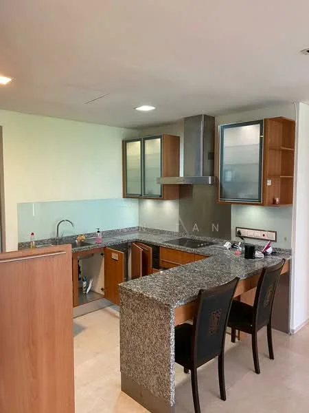 Kitchen features: granite countertop, wood cabinetry, stainless-steel sink, chrome pull-down faucet, built-in oven, stainless-steel range hood, ceramic tile flooring, glass backsplash, recessed downlights, open shelving, two bar stools, kitchen island; style: modern.