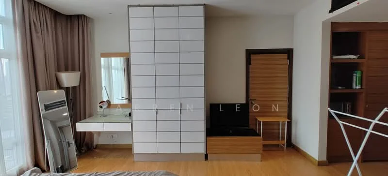 Room features: floor-to-ceiling windows, light brown wooden flooring, white painted walls, built-in wardrobe with white panels, vanity table with mirror, wooden bedside table, TV console, wall-mounted TV, curtains, mirror, air conditioning unit; style: modern; view: city.