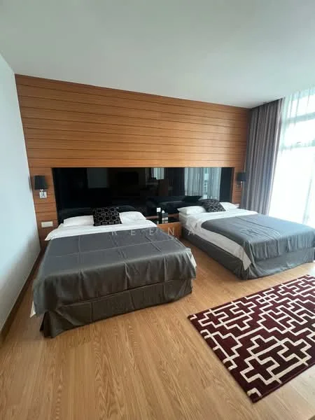 Bedroom features: two queen-size beds with grey bedding, wooden accent wall, floor-to-ceiling windows with sheer curtains, wooden flooring, black headboard, decorative area rug with geometric pattern, two bedside lamps, wall-mounted lighting, black console table, plenty of natural light; style: modern.