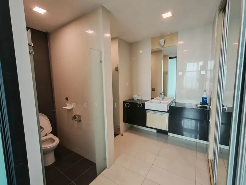 Bathroom features: white ceramic toilet, single-sink vanity with wood cabinet, mirror above vanity, chrome basin mixer faucet, glass shower enclosure, tile flooring, wall-mounted storage cabinet, recessed downlights, neutral wall tiles, black accent wall, towel rail; style: modern.