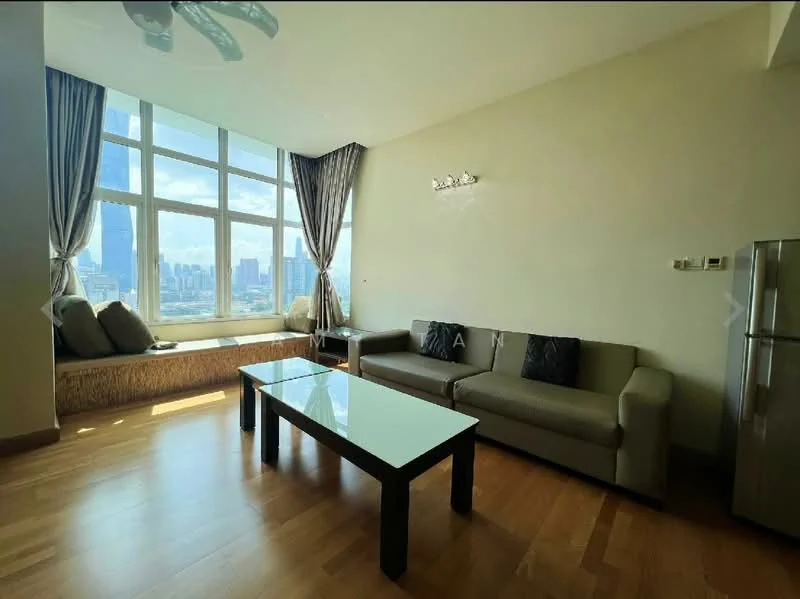 Living features: floor-to-ceiling windows, city view, 3-seater fabric sofa in grey, coffee table with glass top, wooden flooring, curtains, built-in window seat, wall-mounted light fixture; style: modern.