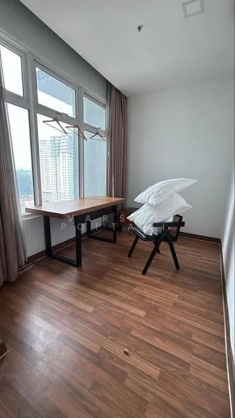 Study features: wooden flooring, white painted walls, floor-to-ceiling windows, curtains, desk with black legs, chair, decorative wall hooks, piled white pillows; style: modern; view: city.