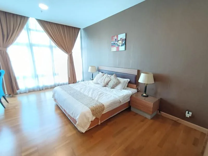 Bedroom features: king-size bed, upholstered headboard, white bedding, two bedside lamps, wooden nightstand, framed artwork on wall, large windows with sheer curtains, wooden flooring, accent wall in brown, dressing table, chair; style: modern; view: city.
