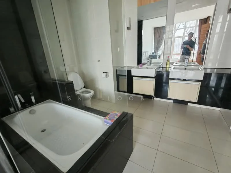 Bathroom features: freestanding bathtub, double-sink vanity with wood cabinet, chrome basin mixer faucets, framed mirror, one-piece toilet, tile flooring, black accent wall, large windows for natural light, recessed downlights; style: modern.