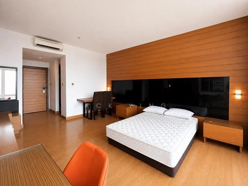 Bedroom features: queen-size bed with mattress, wooden accent wall, light wood flooring, built-in wardrobe, desk with chair, wall-mounted bedside lamps, air conditioning unit, floor-to-ceiling window, black feature wall behind bed, dining table, orange upholstered chair; style: modern.