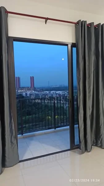 Room features: floor-to-ceiling sliding glass door, grey curtains, white walls, tile flooring, balcony view, city skyline visible, moon visible in the sky; view: city.