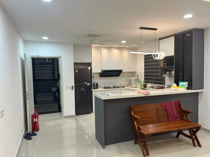 Kitchen features: white cabinets, black countertop, stainless-steel fridge, built-in oven, 4-burner gas hob, exhaust hood, pendant light, recessed downlights, grey accent wall, tile flooring, kitchen island with seating, open shelving, fire extinguisher, window with view to hallway; style: modern. Room features: white painted walls, tile flooring, doorway to hallway.