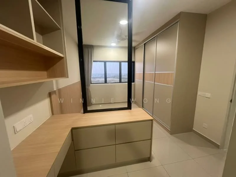 Room features: built-in cabinetry with drawers, large mirror, floor-to-ceiling windows, curtains, ceiling fan, light-colored wall, light-colored floor tiles, neutral color scheme; style: modern; view: city.