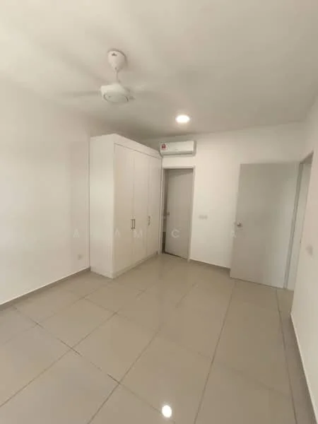Bedroom features: white painted walls, glossy ceramic tile flooring, 5-blade ceiling fan, built-in wardrobe with sliding doors, wall-mounted split AC, door leading to hallway, neutral color scheme, natural light from window; style: modern.