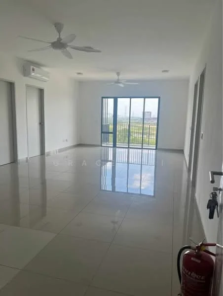 Living features: white painted walls, polished ceramic tile flooring, 5-blade ceiling fan, floor-to-ceiling sliding glass door, window with city view, air conditioning unit, fire extinguisher, light switch, door to hallway; style: modern; view: city.