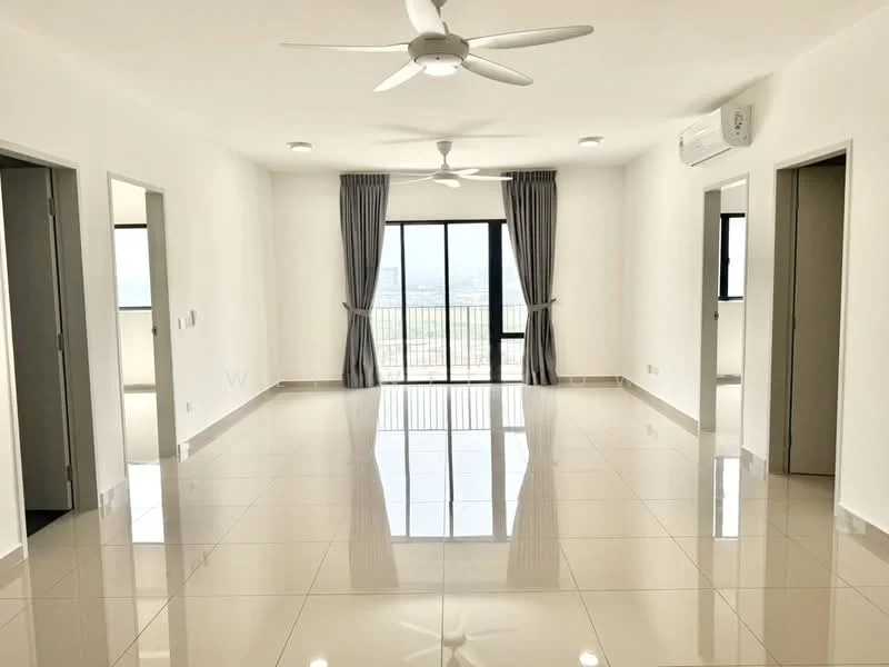 Living features: white painted walls, glossy ceramic tile flooring, 5-blade ceiling fan with light, floor-to-ceiling windows, grey curtains, air conditioning unit, recessed downlights, open layout; style: modern; view: city.