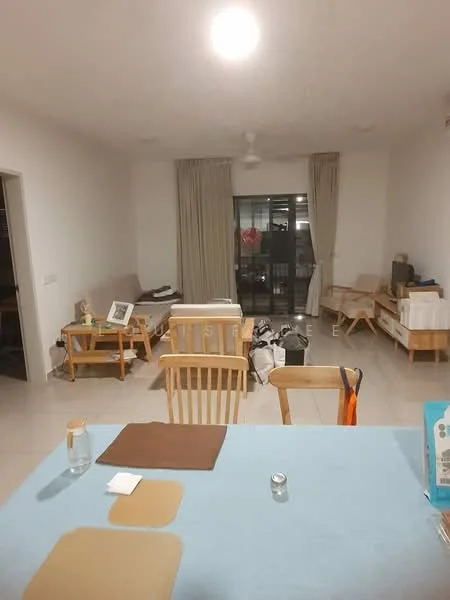 Living features: light-colored walls, white ceiling, ceiling fan, large sliding glass door, floor-to-ceiling curtains, rectangular dining table, wooden dining chairs, wooden side tables, tile flooring, minimalist decor, natural light from windows, uncluttered space; style: modern.