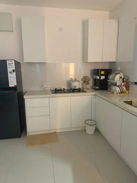 Kitchen features: white cabinetry, stainless-steel sink, chrome pull-down faucet, gas stove with 2 burners, built-in microwave, black refrigerator, white countertop, tile backsplash, kitchen towel, waste bin, light-colored flooring; style: modern.
