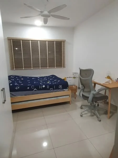 Bedroom features: single bed with blue bedding, white painted walls, sliding window with wooden blinds, ceiling fan, desk with chair, tile flooring, built-in wardrobe, study lamp; style: modern.